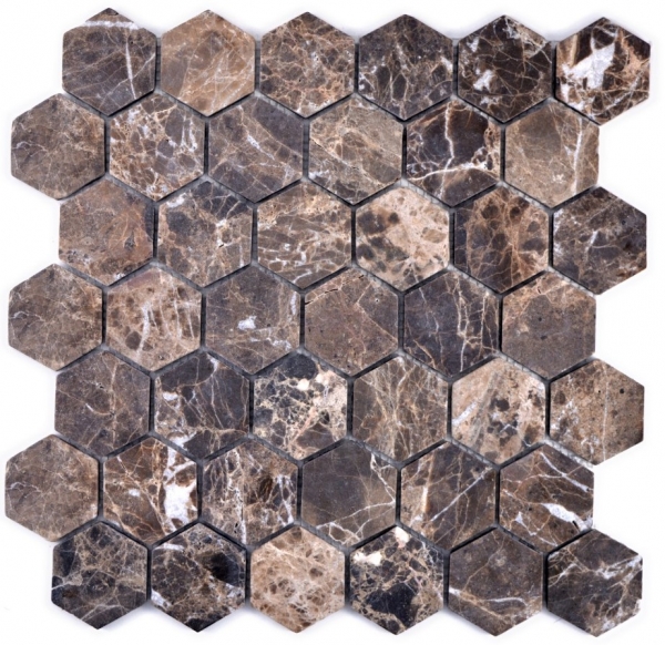 Muestra de mano mosaico azulejo mármol piedra natural Hexágono Impala marrón flameado MOS42-1313_m