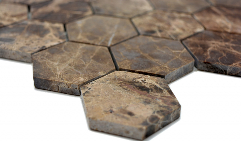Muestra de mano mosaico azulejo mármol piedra natural Hexágono Impala marrón flameado MOS42-1313_m