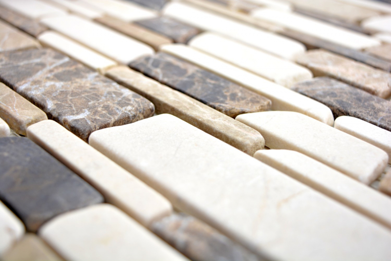 Muestra de mano mosaico azulejo mármol piedra natural beige marrón ladrillo mosaico Castanao Biancone MOS40-12-295_m