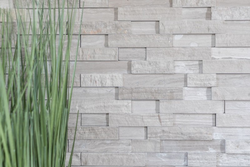 Splitface mármol mosaico de pared de piedra natural de ladrillo gris claro raya backsplash azulejo de la pared - MOS40-3D20