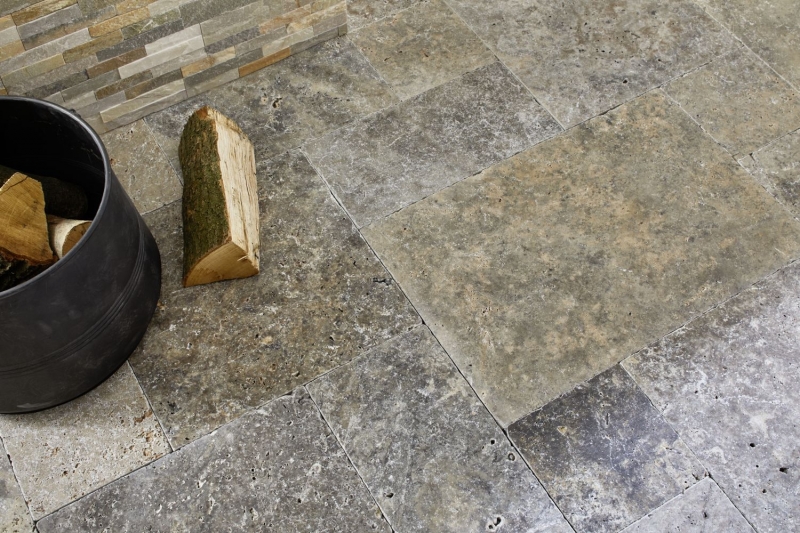 Azulejo Travertino piedra natural Plata blanco gris claro piedra natural azulejo Roman bond plata aspecto antiguo suelo pared - MOSF-45-47000