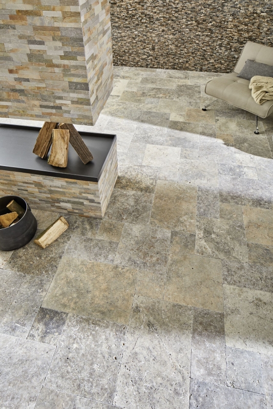 Azulejo Travertino piedra natural Plata blanco gris claro piedra natural azulejo Roman bond plata aspecto antiguo suelo pared - MOSF-45-47000