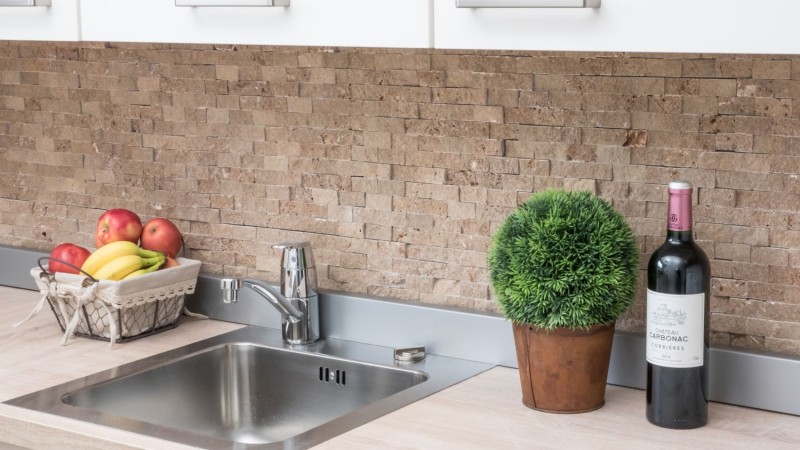 Travertino pared de piedra natural de nogal marrón ladrillo cara dividida 3D óptica azulejo backsplash azulejo de la pared azulejo de la cocina - MOS43-44248