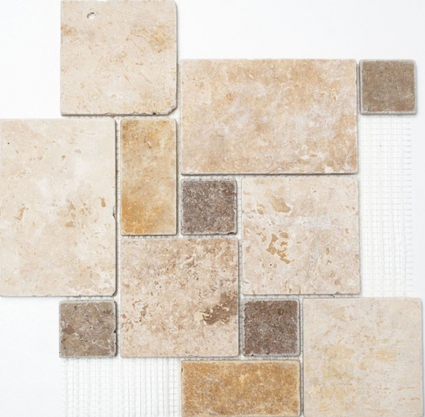 Muestra de mano mosaico azulejo backsplash travertino piedra natural beige marrón Mini Pattern Travertino MOS43-1204_m