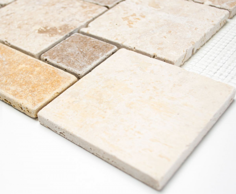 Muestra de mano mosaico azulejo backsplash travertino piedra natural beige marrón Mini Pattern Travertino MOS43-1204_m