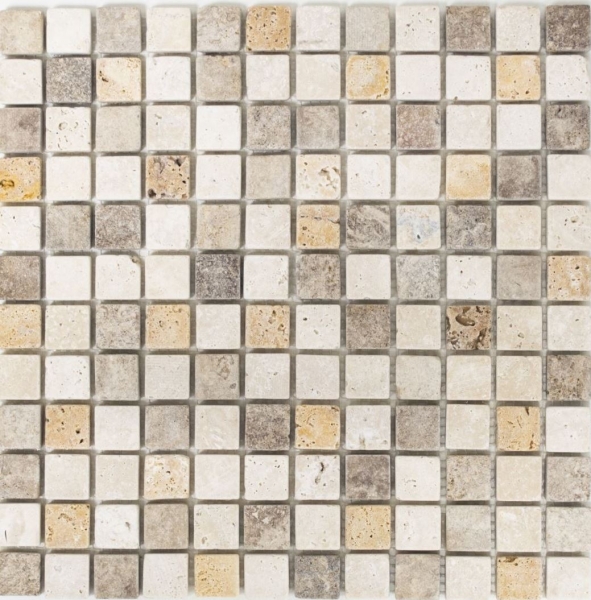 Muestra de mano mosaico azulejo travertino piedra natural beige marrón travertino tumbled MOS43-46380_m