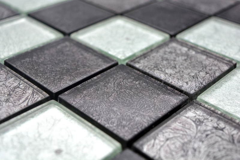 Muestra de mano mosaico azulejo Translúcido negro Mosaico de vidrio Cristal plata negro estructura MOS126-1704_m