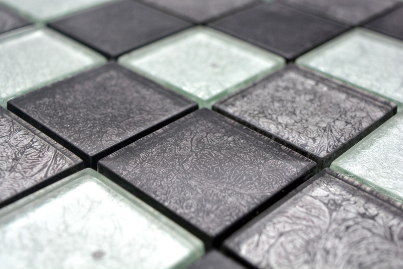 Muestra de mano mosaico azulejo translúcido negro mosaico de vidrio Cristal plata negro estructura MOS126-1784_m