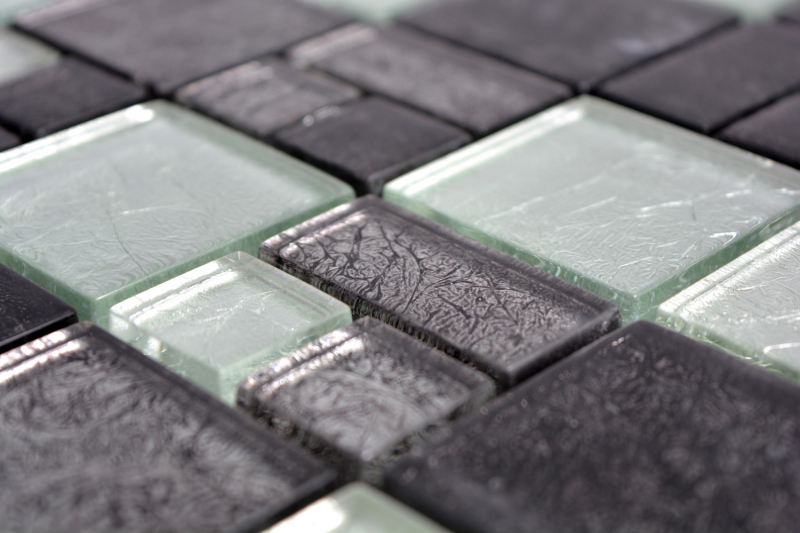 Muestra de mano mosaico azulejo translúcido negro combinación mosaico de vidrio Cristal plata negro estructura MOS88-1703_m