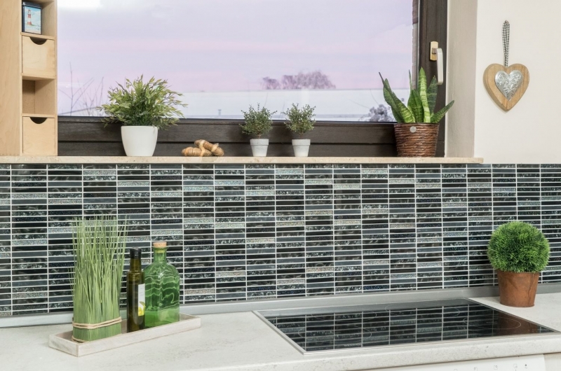 Mosaico de vidrio varillas mosaico azulejos azulejos backsplash brillo gris antracita negro MOS87-STNB