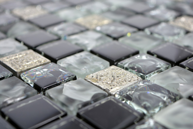 Muestra de mano mosaico azulejo translúcido gris negro mosaico de vidrio Cristal Resina gris negro plata esmerilado MOS92-0333_m