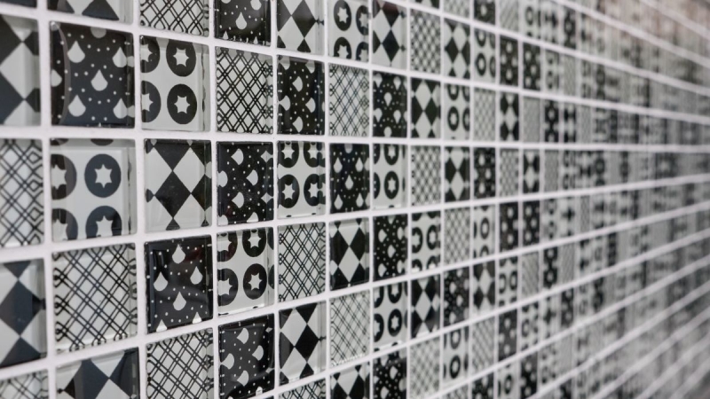Mosaico de vidrio retro adornos vintage mosaico azulejo backsplash blanco óptica negro MOS88-8OP5