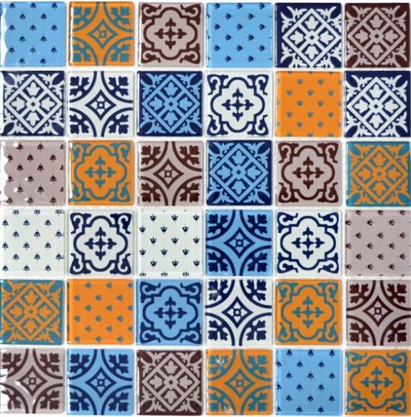Muestra de mano retro vintage mosaico azulejo translúcido blanco azul naranja gris vidrio mosaico cristal óptica MOS68-4OP12_m