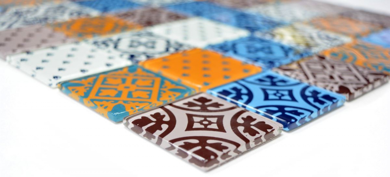 Muestra de mano retro vintage mosaico azulejo translúcido blanco azul naranja gris vidrio mosaico cristal óptica MOS68-4OP12_m