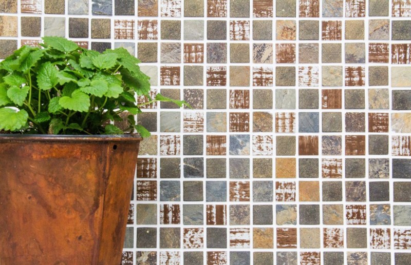 Piedra natural mosaico rústico azulejo mosaico de vidrio beige marrón gris antracita óxido pared revestimiento azulejo backsplash - MOS82-1206