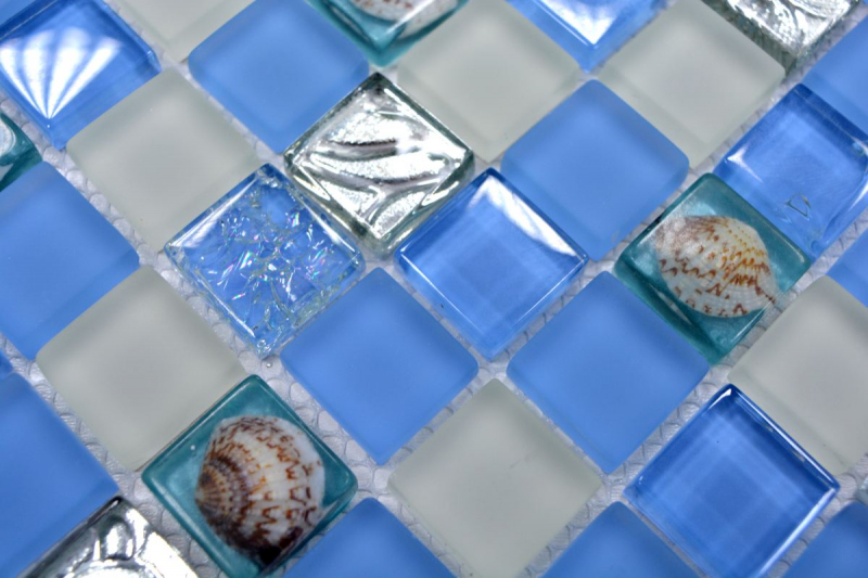 Muestra de mano mosaico azulejo Azulejo backsplash Azul translúcido Mosaico de vidrio Cristal concha azul MOS82B-0104_m