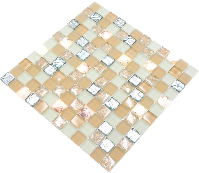 Shell mosaico mosaico de azulejos blanco mate beige plata mosaico de vidrio MOS82B-0112