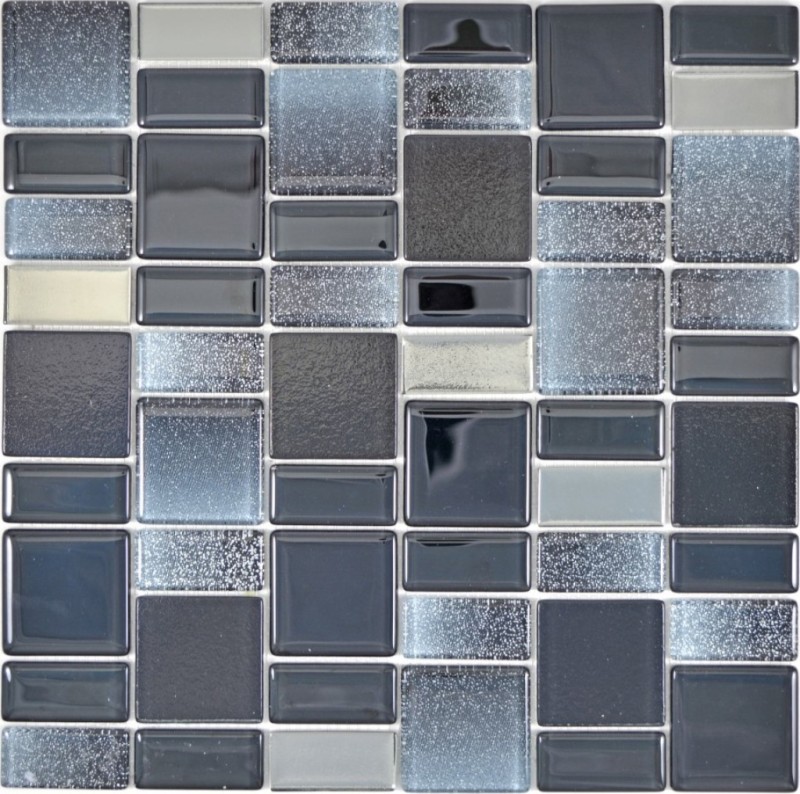 Muestra de mano mosaico azulejo translúcido negro combinación iridiscente de color negro MOS68-035B_m
