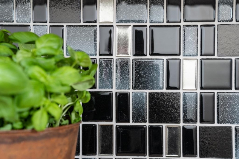 Mosaico de vidrio mosaico azulejos azulejos backsplash gris antracita negro combinación iridiscente MOS68-035B