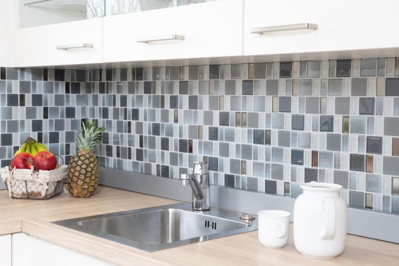 Mosaico de vidrio mosaico azulejos azulejos backsplash crema gris humo combinación iridiscente MOS68-0216F