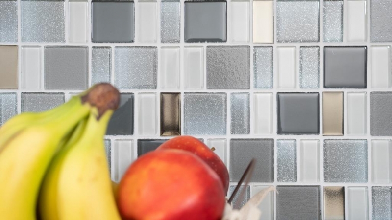 Mosaico de vidrio mosaico azulejos azulejos backsplash crema gris humo combinación iridiscente MOS68-0216F