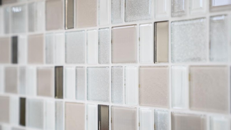 Mosaico de vidrio mosaico azulejos backsplash crema beige perla combinación iridiscente MOS68-0136P