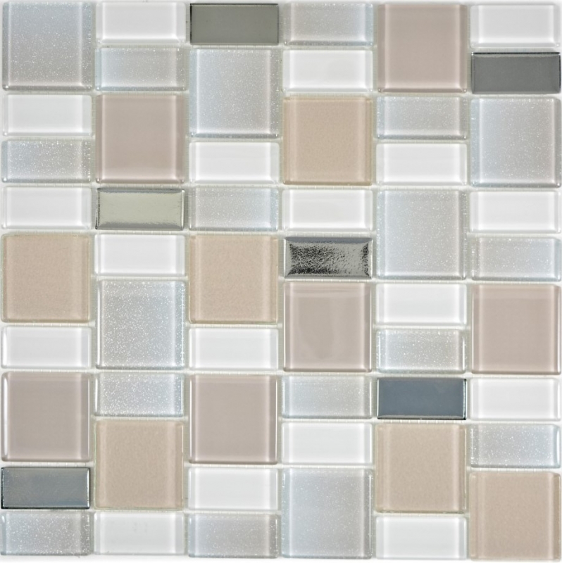 Mosaico de vidrio mosaico azulejos backsplash crema beige perla combinación iridiscente MOS68-0136P