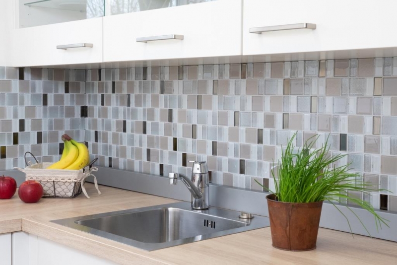 Mosaico de vidrio mosaico azulejos backsplash crema beige perla combinación iridiscente MOS68-0136P