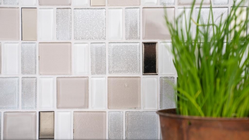 Mosaico de vidrio mosaico azulejos backsplash crema beige perla combinación iridiscente MOS68-0136P
