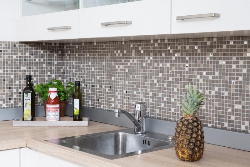 Mosaico de vidrio azulejos de mosaico espejo de piedra beige amarillo crema plata BAÑO WC cocina PARED MOS91-0214