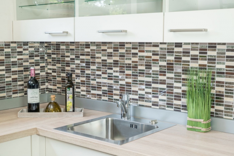 Tira rectángulo mosaico azulejo compuesto aluminio beige marrón plata vidrio mosaico azulejo backsplash cocina pared baño - MOS87-SM48