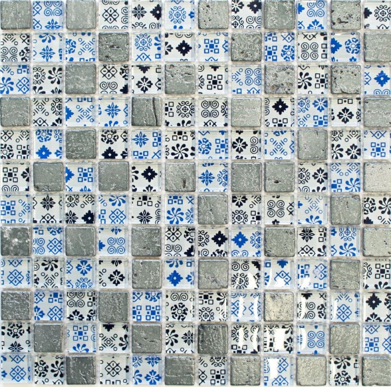 Muestra de mano mosaico azulejo Azulejo backsplash Translúcido azul negro Mosaico de vidrio Cristal Resina Óptica azul negro plata MOS83-CB07_m