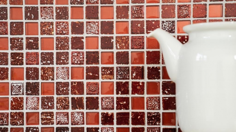Piedra artificial mosaico rústico azulejo mosaico de vidrio de resina de color rojo oscuro fuego rojo BAD WC cocina splashback azulejo espejo de pared - MOS82-0906