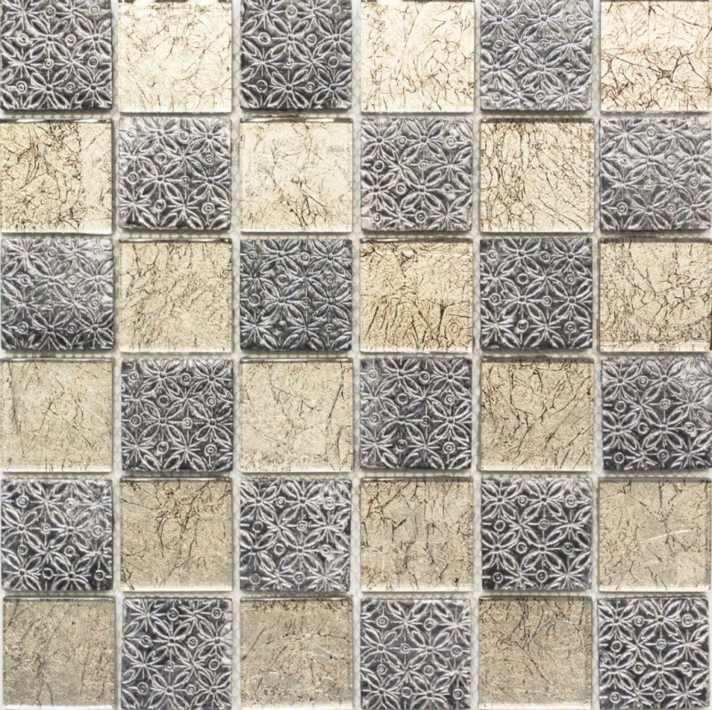 Muestra de mano mosaico azulejo backsplash translúcido champán negro vidrio mosaico cristal resina mirada MOS78B-0702_m