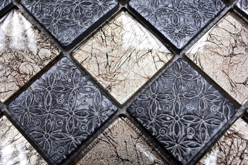 Muestra de mano mosaico azulejo backsplash translúcido champán negro vidrio mosaico cristal resina mirada MOS78B-0702_m