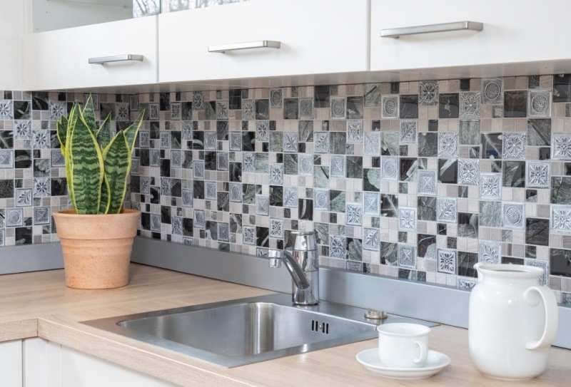 Mosaico de vidrio piedra artificial mosaico azulejos resina plata gris antracita ornamento azulejo espejo pared WC - MOS88-0280
