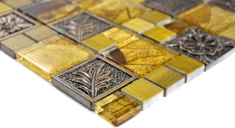 Muestra de mano mosaico azulejo Oro translúcido Combinación mosaico de vidrio Cristal Resina oro Adorno MOS88-0790_m