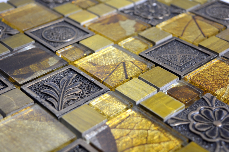 Muestra de mano mosaico azulejo Oro translúcido Combinación mosaico de vidrio Cristal Resina oro Adorno MOS88-0790_m
