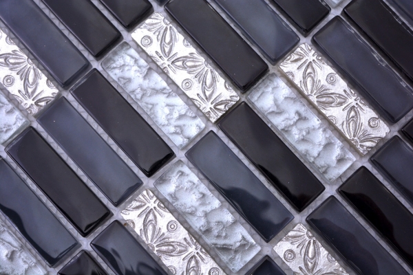 Muestra de mano mosaico azulejo translúcido gris negro varillas mosaico de vidrio Cristal Resina gris negro plata MOS87-03108_m