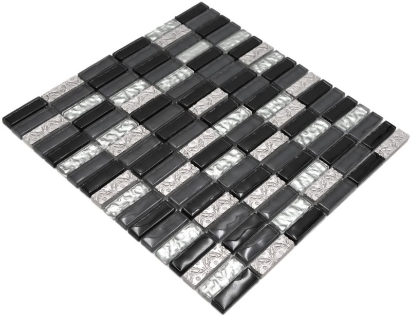 Rectángulo azulejos de mosaico de vidrio varillas de mosaico de resina de piedra artificial gris negro plata cocina splashback baño pared inodoro - MOS87-03108