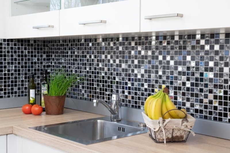 Azulejos de mosaico de acero inoxidable mosaico de vidrio antracita plata negro MOS63-CM-426
