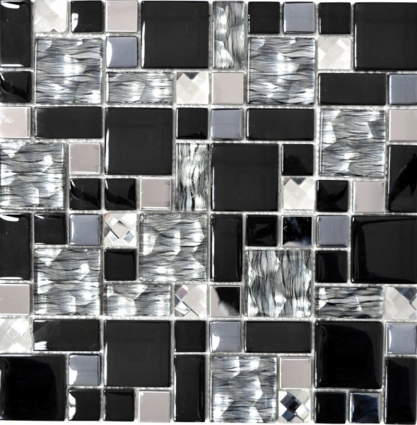Muestra de mano mosaico azulejo translúcido acero inoxidable negro combinación vidrio mosaico cristal acero negro vidrio MOS88-03689_m