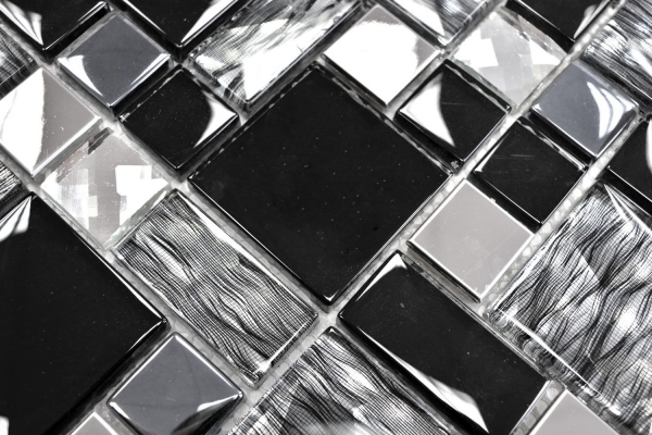 Muestra de mano mosaico azulejo translúcido acero inoxidable negro combinación vidrio mosaico cristal acero negro vidrio MOS88-03689_m