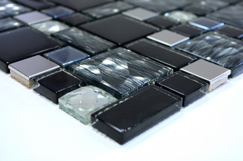 Muestra de mano mosaico azulejo translúcido acero inoxidable negro combinación vidrio mosaico cristal acero negro vidrio MOS88-03689_m