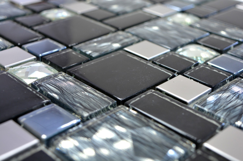 Muestra de mano mosaico azulejo translúcido acero inoxidable negro combinación vidrio mosaico cristal acero negro vidrio MOS88-03689_m
