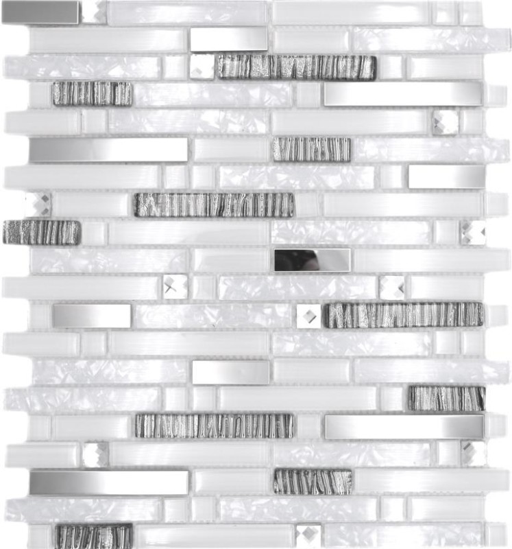 Barras de mosaico de vidrio mosaico de azulejos de acero inoxidable blanco plata MOS86-0104