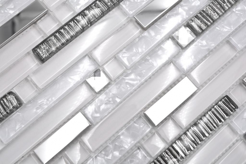 Barras de mosaico de vidrio mosaico de azulejos de acero inoxidable blanco plata MOS86-0104