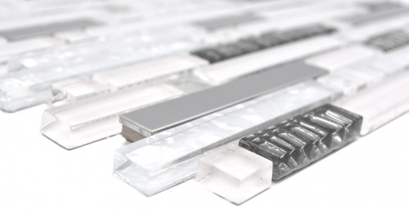Barras de mosaico de vidrio mosaico de azulejos de acero inoxidable blanco plata MOS86-0104