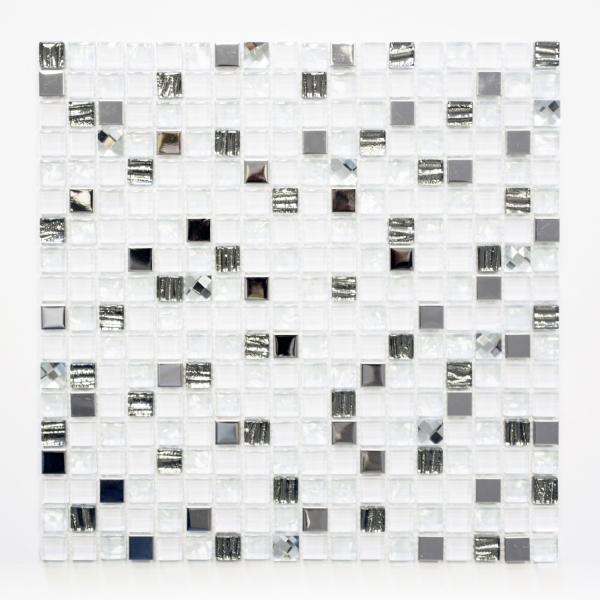 Muestra de mano mosaico azulejo translúcido acero inoxidable vidrio blanco mosaico Cristal acero vidrio blanco MOS92-0107_m
