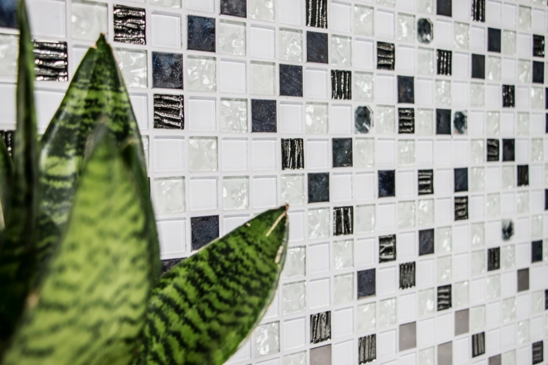 Muestra de mano mosaico azulejo translúcido acero inoxidable vidrio blanco mosaico Cristal acero vidrio blanco MOS92-0107_m